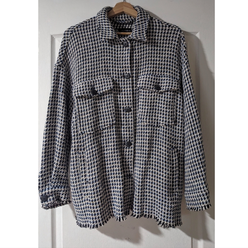 Zara | Tweed button down jacket in blue - Picture 4 of 13